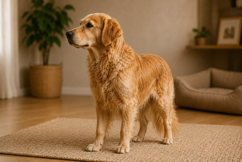Golden retriever con pelaje opaco al inicio del tratamiento, mes 1