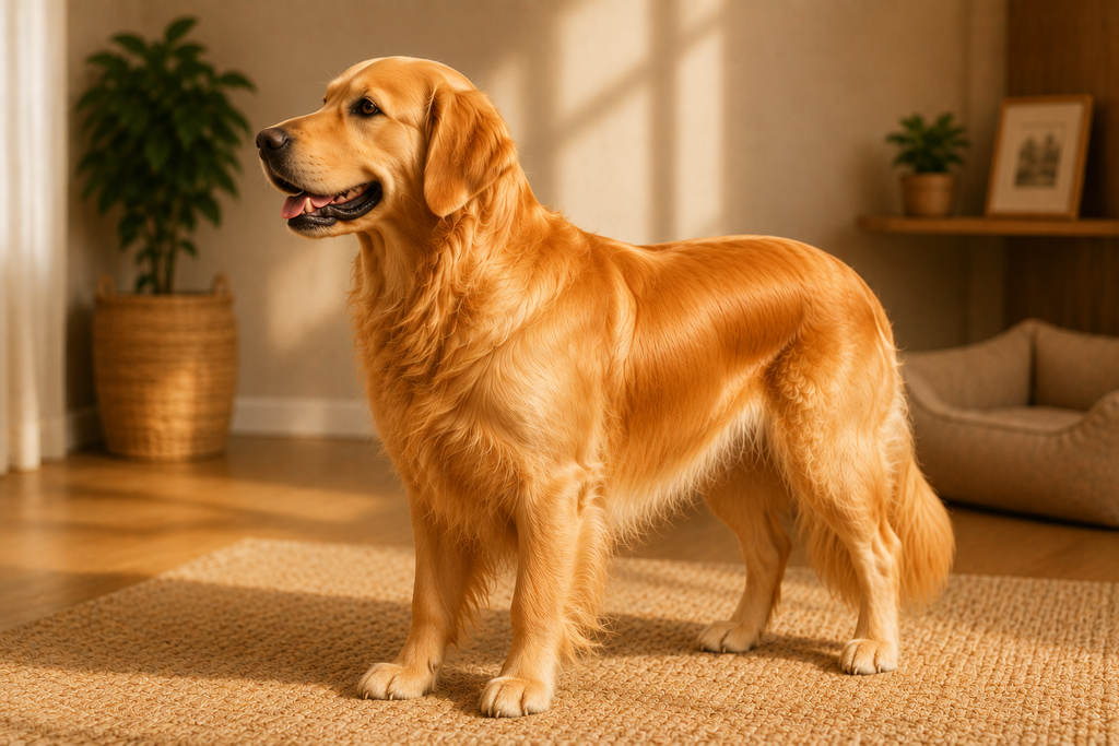 Golden retriever con pelaje brillante y postura activa al tercer mes